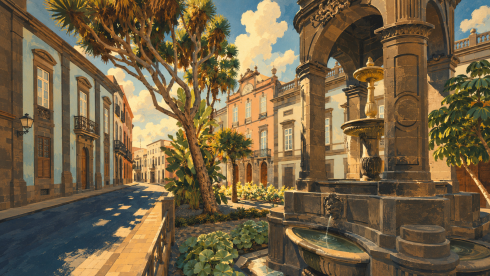 Steinerner Brunnentempel im dreieckigen Garten der Altstadt von Las Palmas