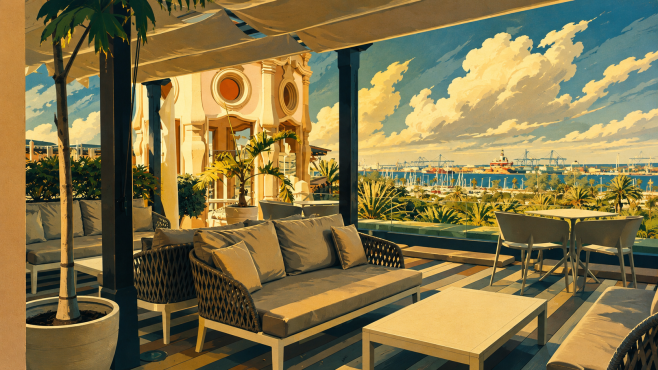 Rooftop-Terrasse des Hotels Santa Catalina mit Blick auf Puerto de la Luz