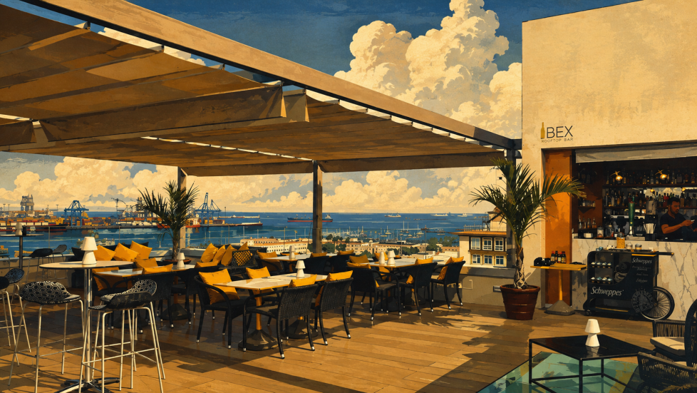 Lounge area of the Ibex Rooftop Bar on the roof of the Design Plus Bex Hotel