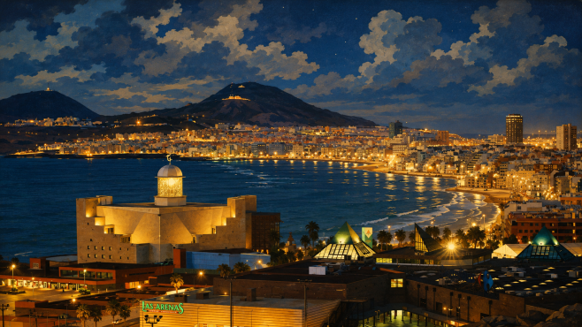 Night view of the Auditorium in Las Palmas above Las Canteras beach