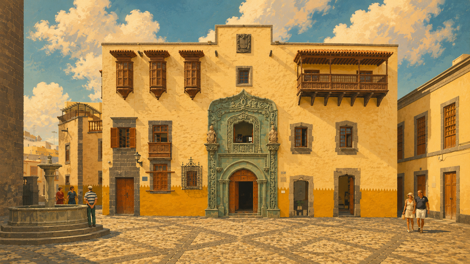 Portal auf der Südseite der Casa de Colón von der Plaza de Pilar Nuevo aus gesehen